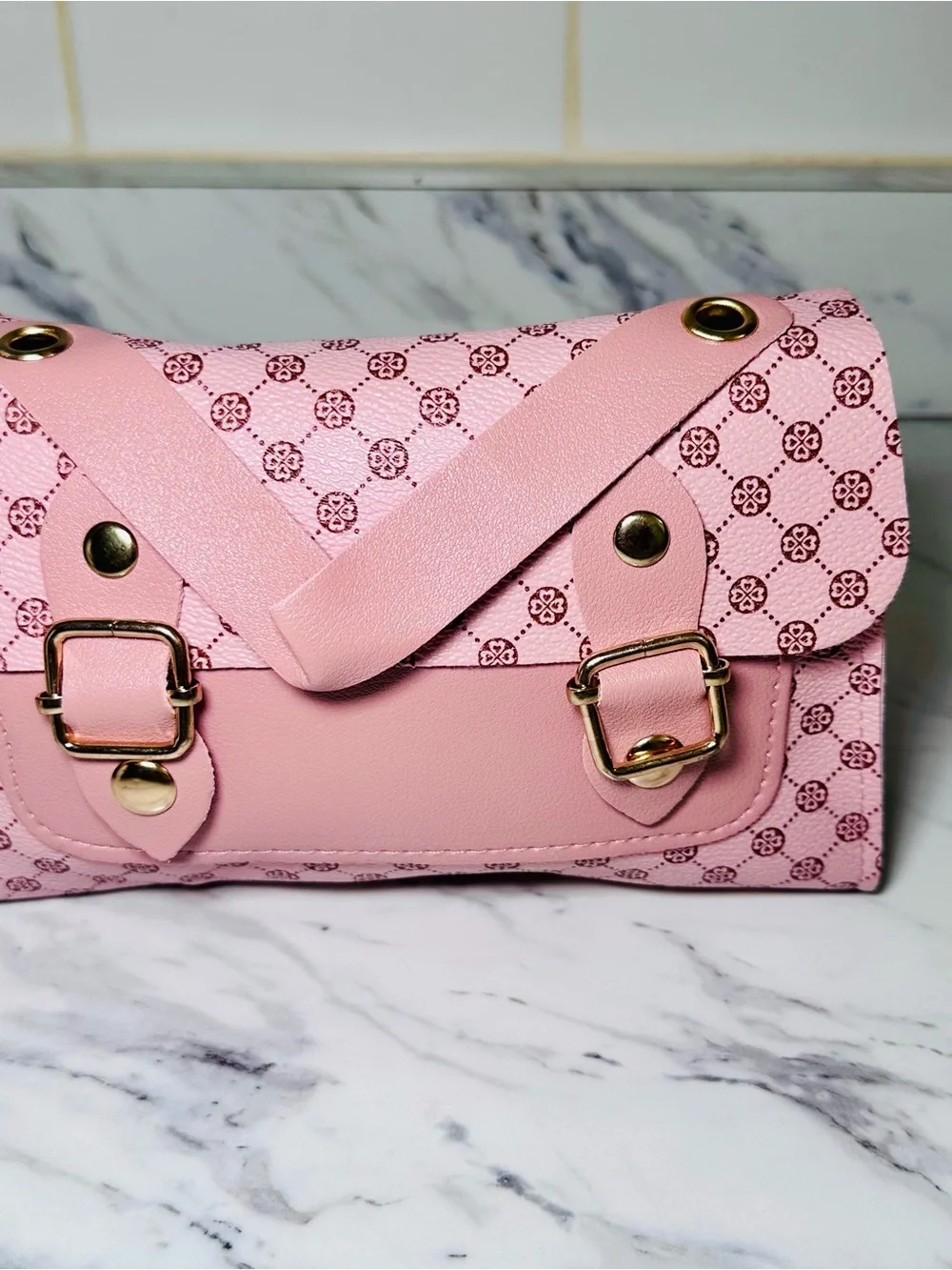 Pink Patterned Clutch with Gold-Tone Hardware